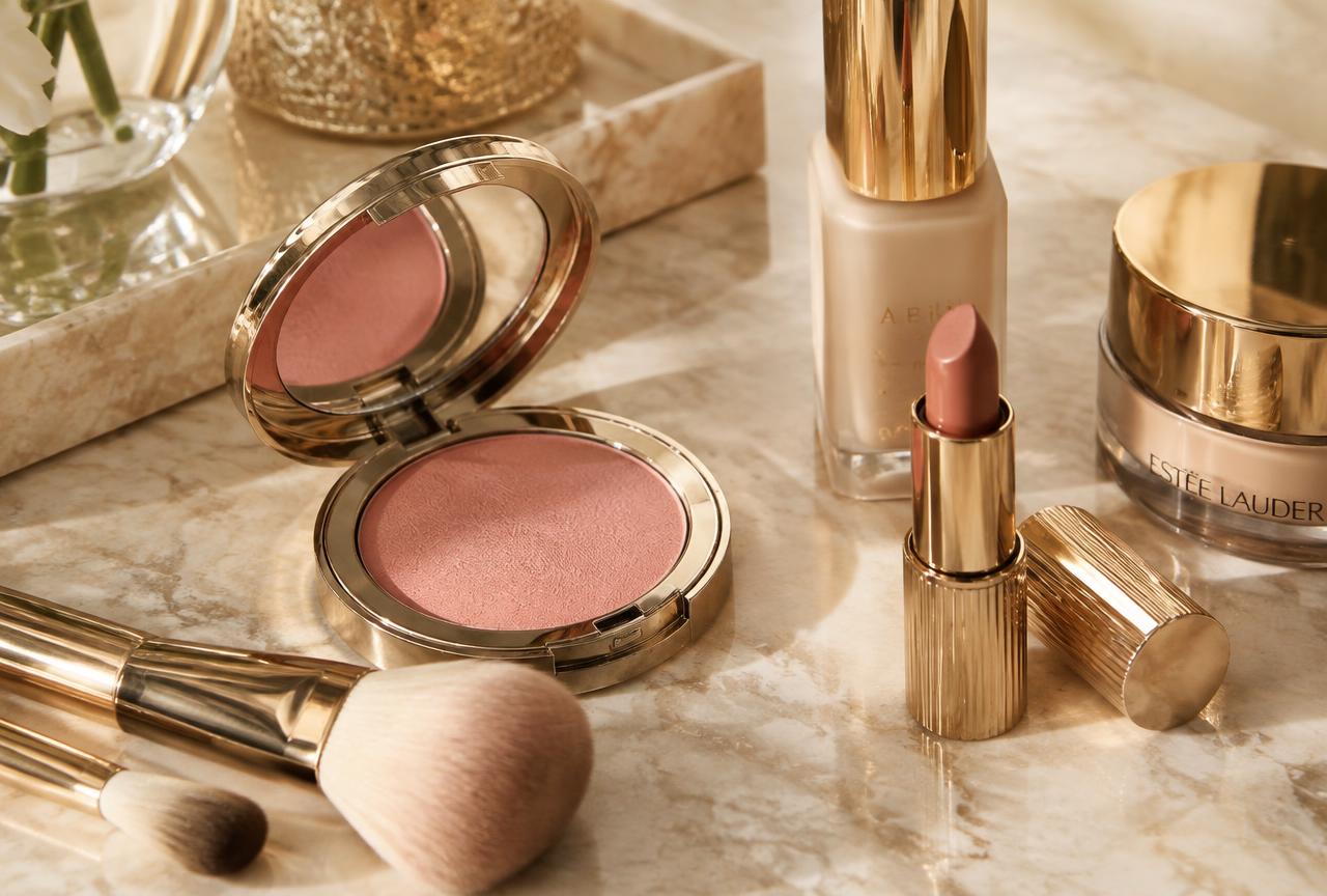 Premium makeup products on a marble studio counter
